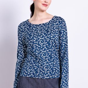 Floral Boat neck Top - Indigo Blue